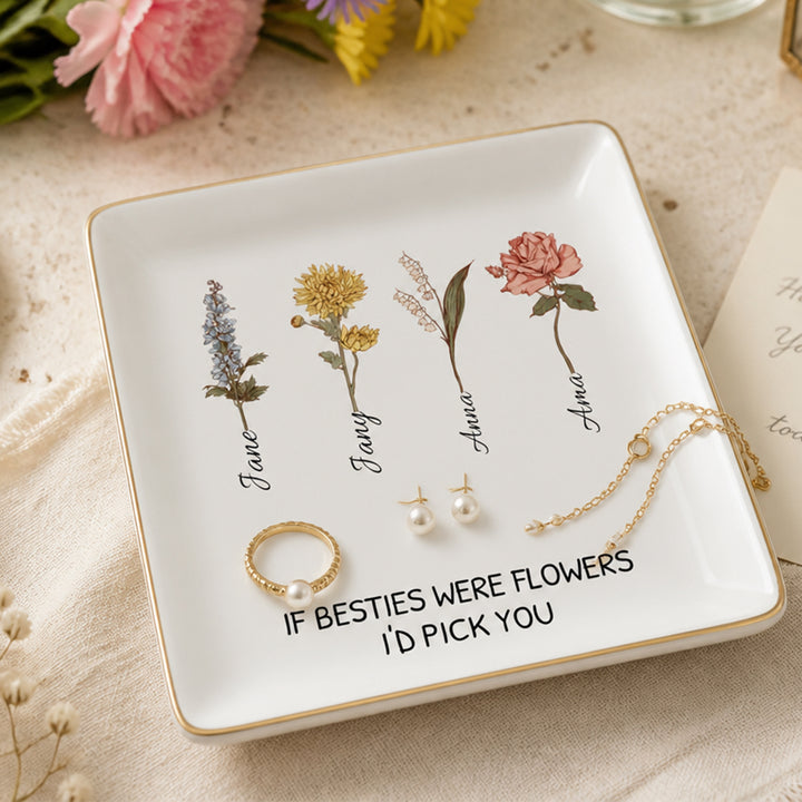 Personalized Birthday Flower Jewelry Dish Floral Ceramic Trinket Tray - If Besties were Flowers, I&