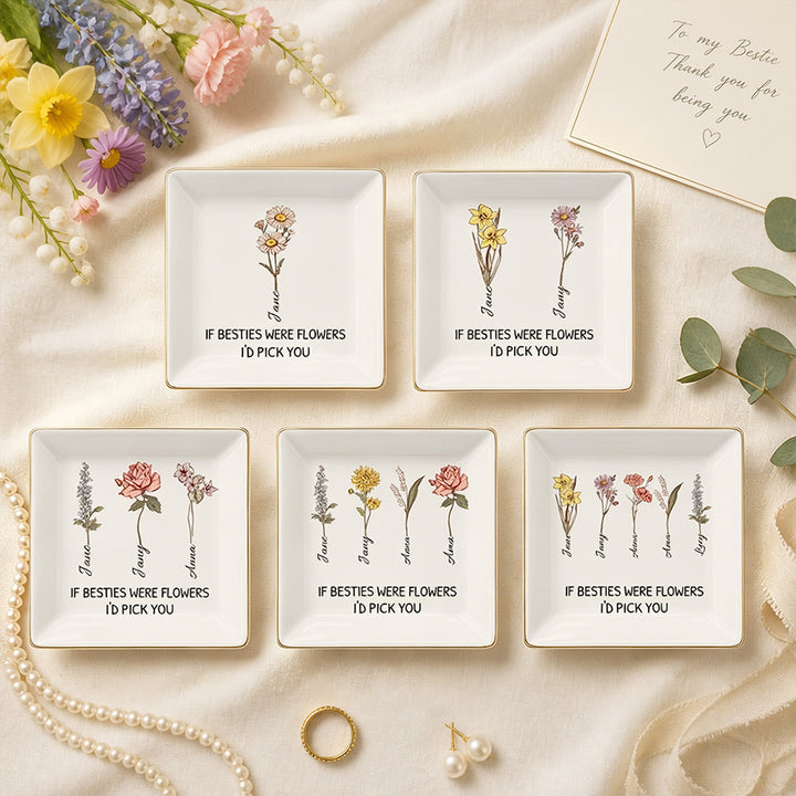 Personalized Birthday Flower Jewelry Dish Floral Ceramic Trinket Tray - If Besties were Flowers, I&