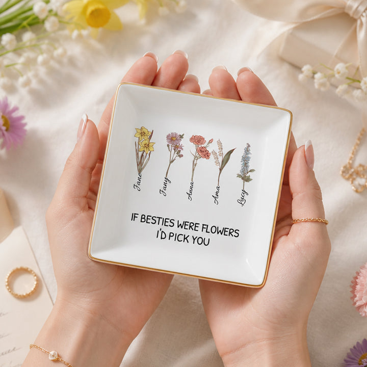 Personalized Birthday Flower Jewelry Dish Floral Ceramic Trinket Tray - If Besties were Flowers, I&