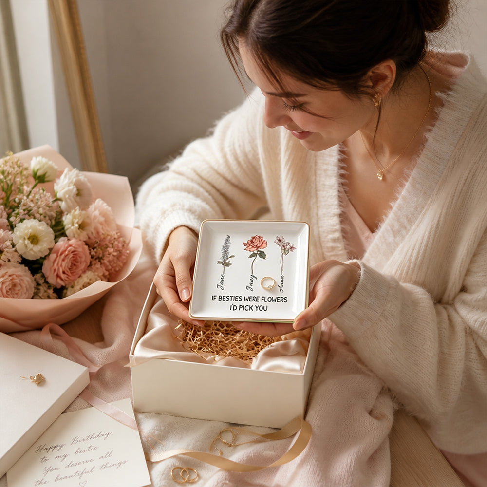 Personalized Birthday Flower Jewelry Dish Floral Ceramic Trinket Tray - If Besties were Flowers, I&