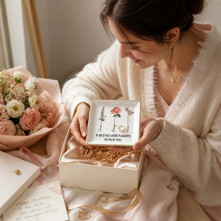 Personalized Birthday Flower Jewelry Dish Floral Ceramic Trinket Tray - If Besties were Flowers, I&