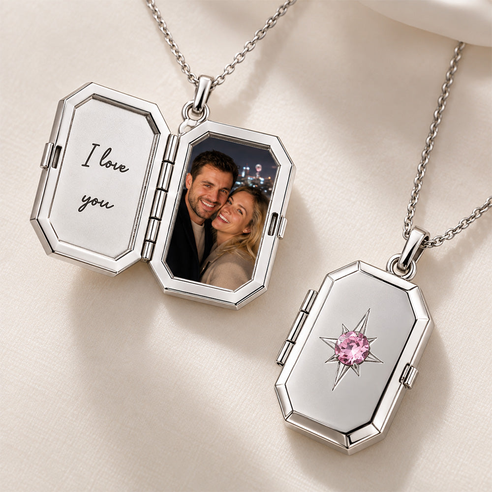 Personalized Birthstone Locket Necklace Photo Pendant Engravable Memorial Jewelry Anniversary Gift for Her Keepsake