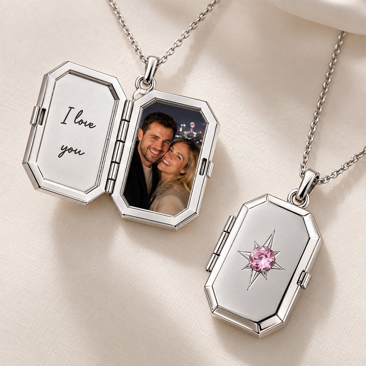 Personalized Birthstone Locket Necklace Photo Pendant Engravable Memorial Jewelry Anniversary Gift for Her Keepsake