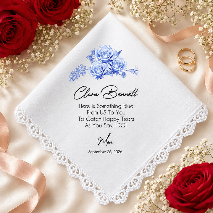 Personalized Blue Birth Flower Wedding Handkerchief with Name Floral Keepsake Gift for Bride Daughter
