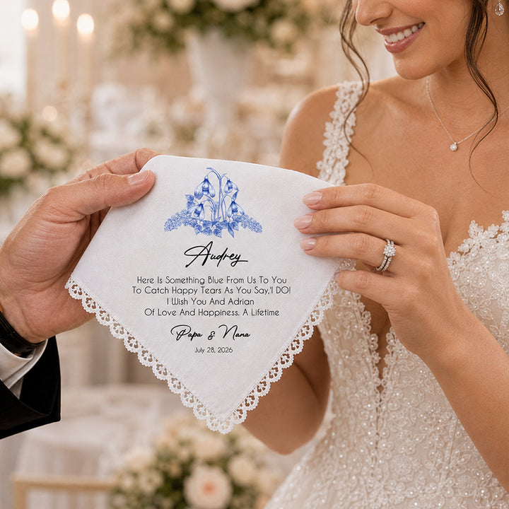 Personalized Blue Birth Flower Wedding Handkerchief with Name Floral Keepsake Gift for Bride Daughter