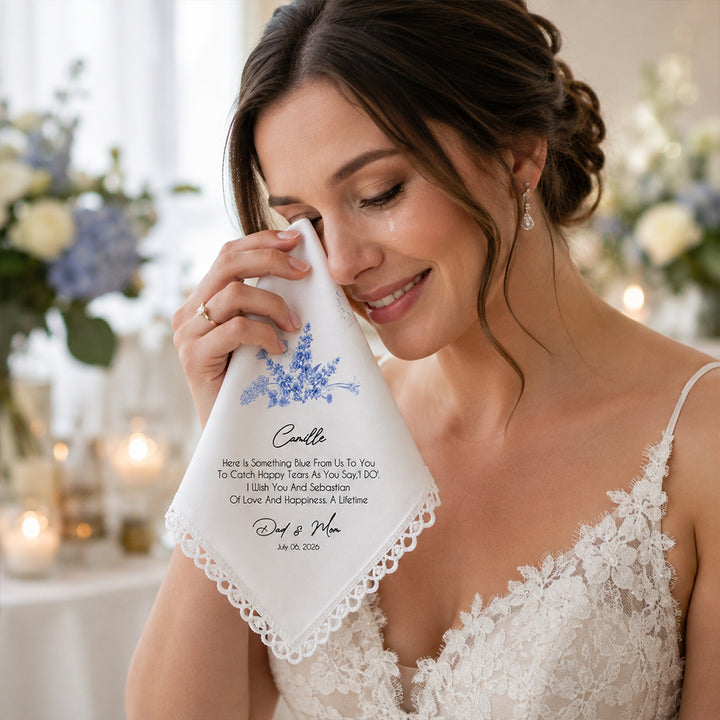 Personalized Blue Birth Flower Wedding Handkerchief with Name Floral Keepsake Gift for Bride Daughter