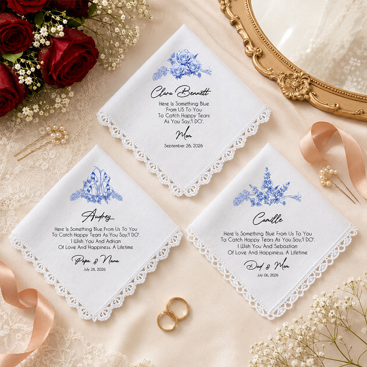 Personalized Blue Birth Flower Wedding Handkerchief with Name Floral Keepsake Gift for Bride Daughter