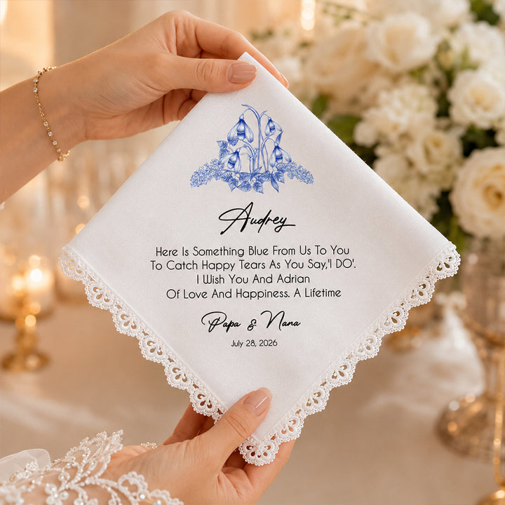 Personalized Blue Birth Flower Wedding Handkerchief with Name Floral Keepsake Gift for Bride Daughter