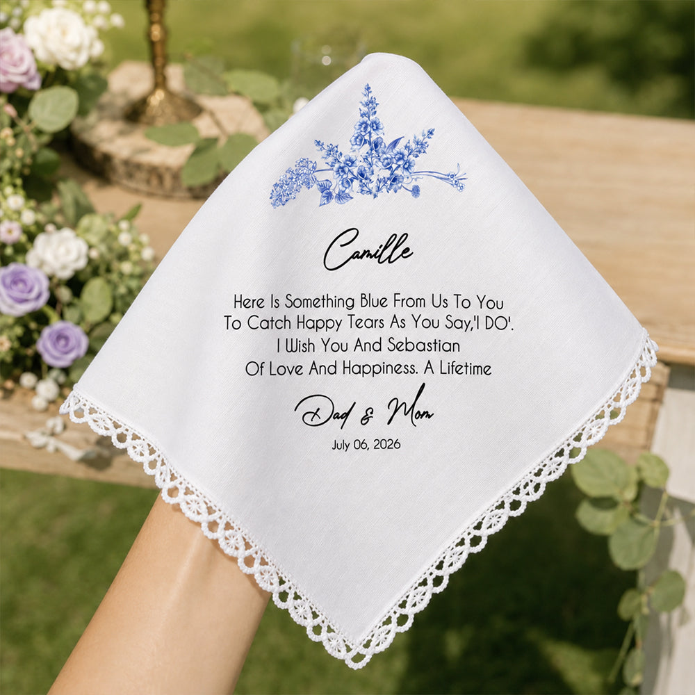 Personalized Blue Birth Flower Wedding Handkerchief with Name Floral Keepsake Gift for Bride Daughter