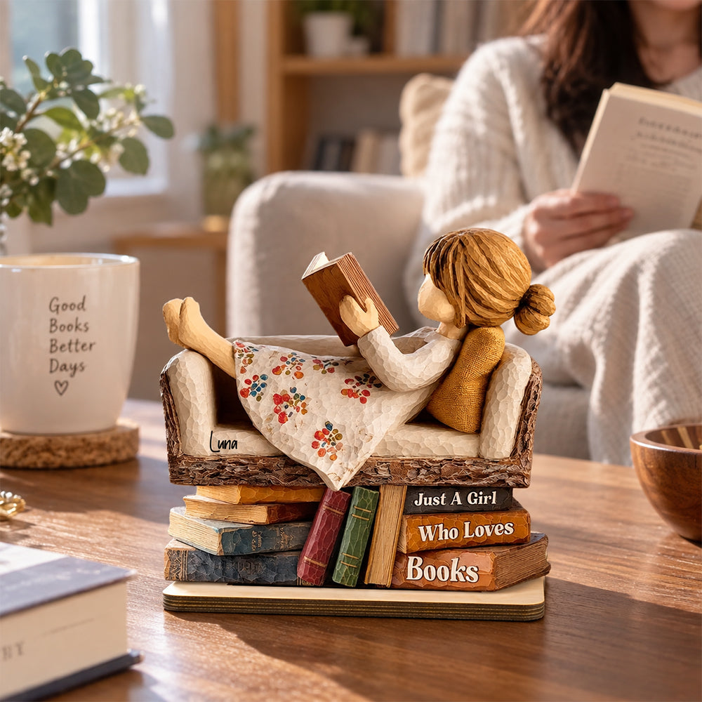 Personalized Book Lover Standing Wooden Plaque with Name Reading on Sofa Desk Decor Birthday Gift for Librarians Readers
