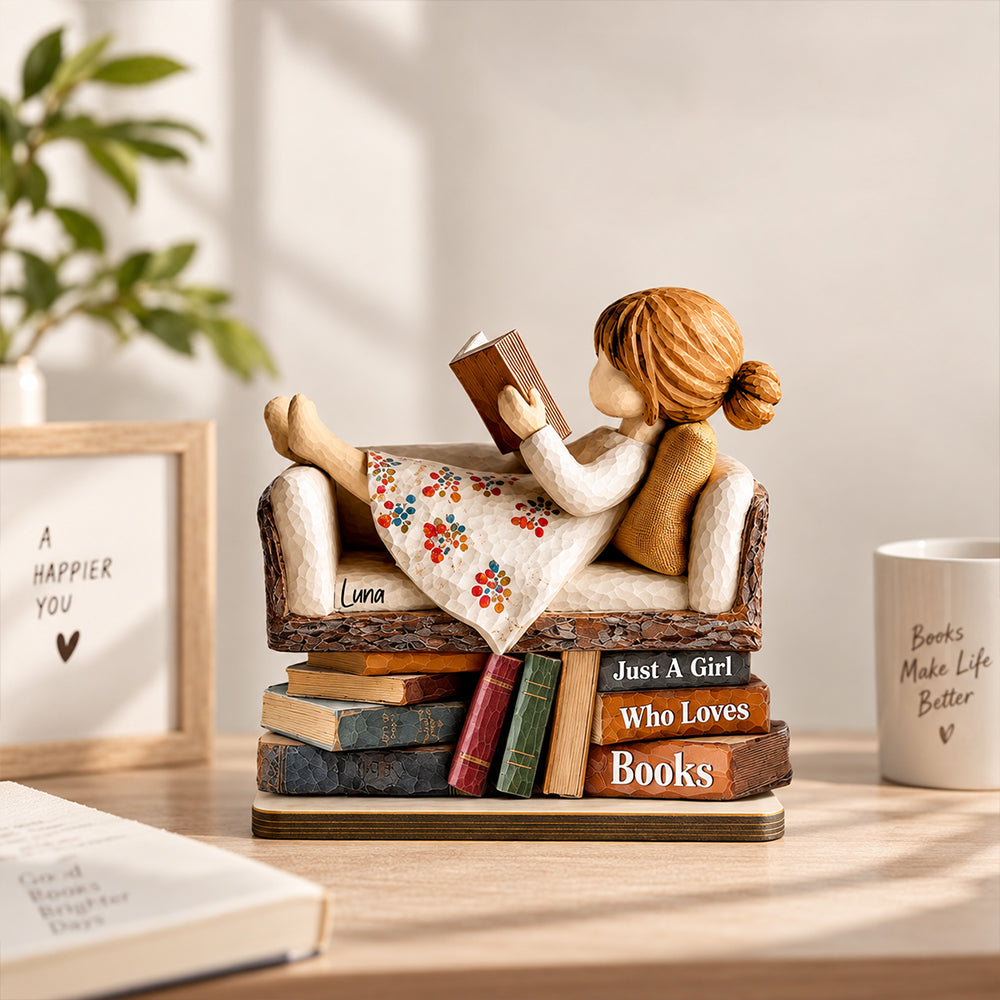 Personalized Book Lover Standing Wooden Plaque with Name Reading on Sofa Desk Decor Birthday Gift for Librarians Readers