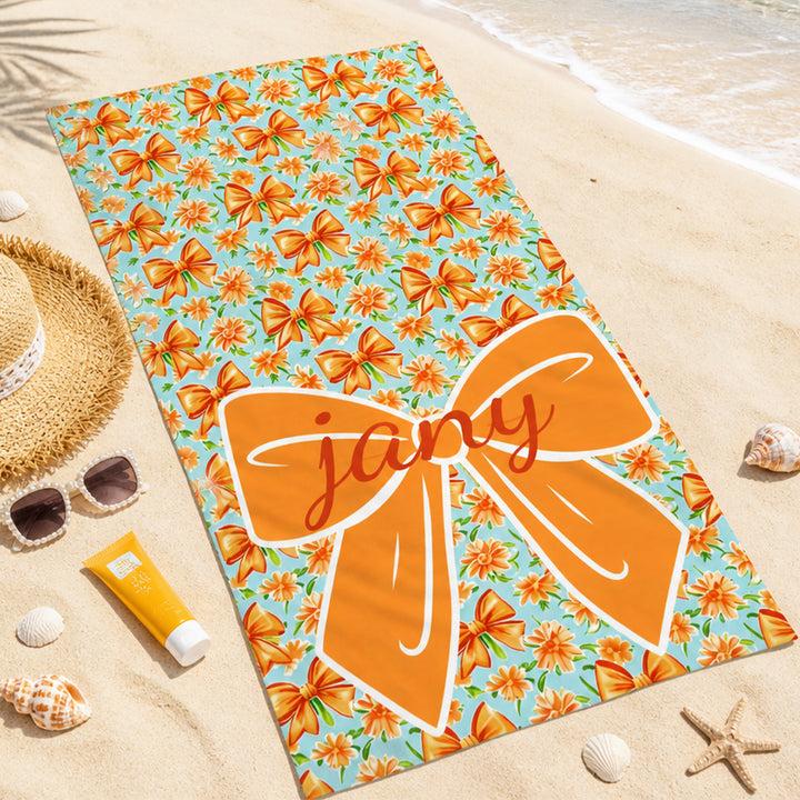 Personalized Bow Floral Beach Towel Preppy Girls Pool Towel with Name Birthday Summer Vacation Gift