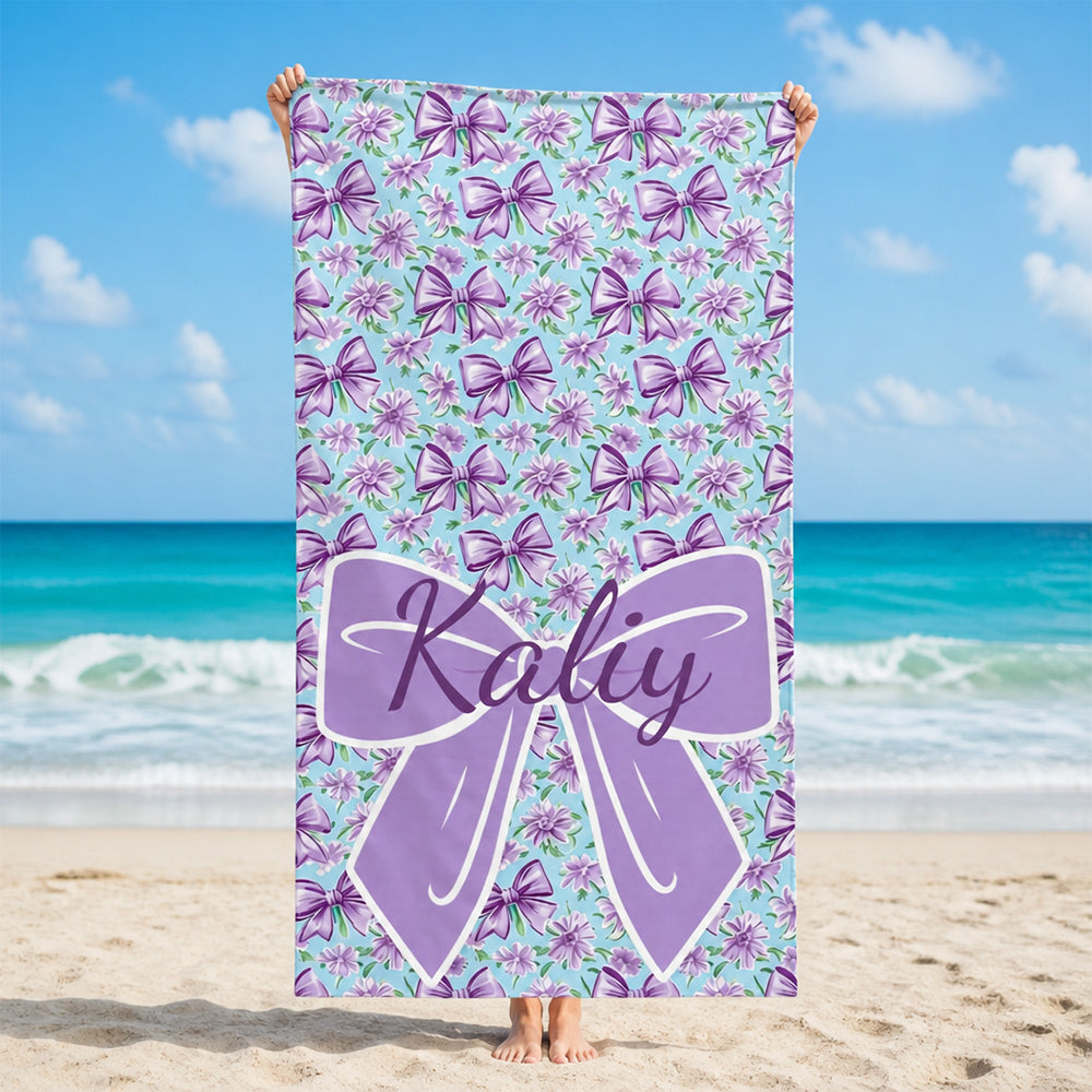 Personalized Bow Floral Beach Towel Preppy Girls Pool Towel with Name Birthday Summer Vacation Gift