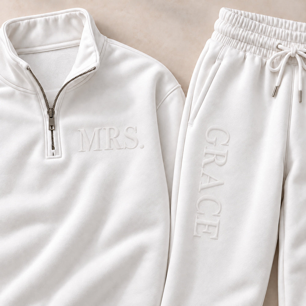 Personalized Bride and Groom Matching Embossed Sweatshirt Set Custom Mr and Mrs Sweatshirts Cozy Honeymoon Outfit Wedding Gift for Newlyweds