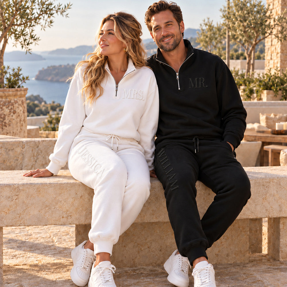 Personalized Bride and Groom Matching Embossed Sweatshirt Set Custom Mr and Mrs Sweatshirts Cozy Honeymoon Outfit Wedding Gift for Newlyweds
