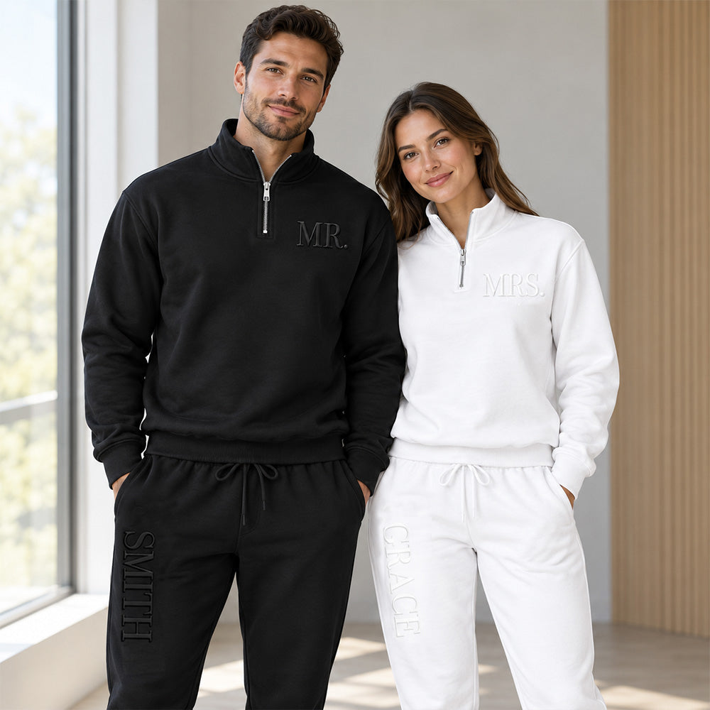 Personalized Bride and Groom Matching Embossed Sweatshirt Set Custom Mr and Mrs Sweatshirts Cozy Honeymoon Outfit Wedding Gift for Newlyweds