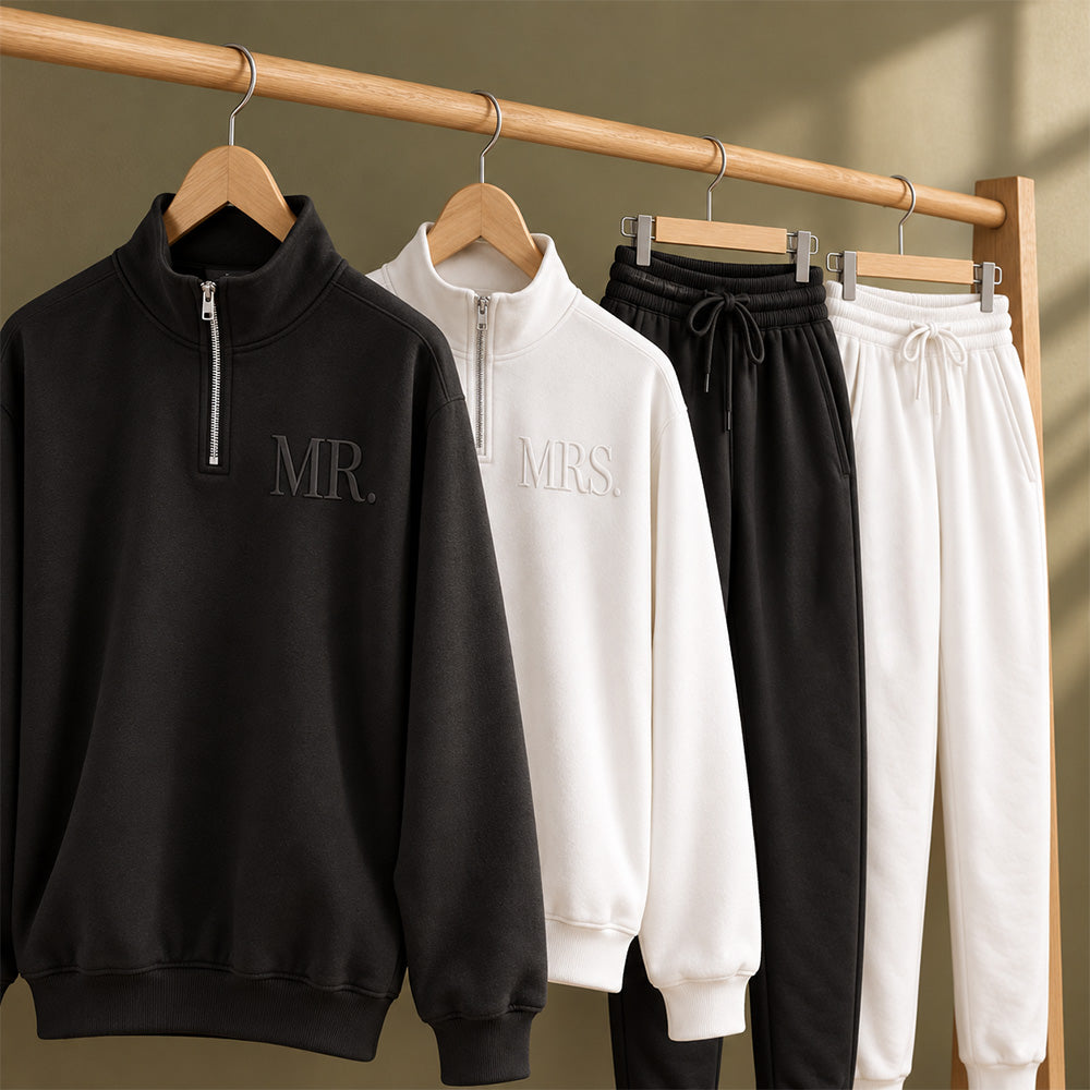 Personalized Bride and Groom Matching Embossed Sweatshirt Set Custom Mr and Mrs Sweatshirts Cozy Honeymoon Outfit Wedding Gift for Newlyweds