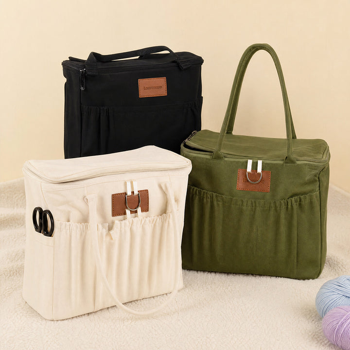 Personalized Canvas Knitting Project Bag Custom Initial Yarn Organizer Tote with Needle Holder Large Crochet Storage Bag Gift for Craft Lovers
