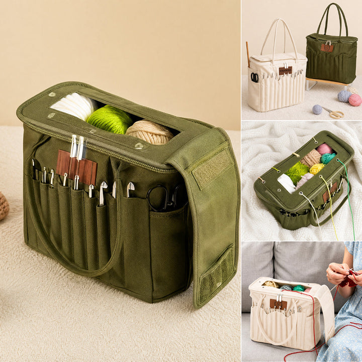 Personalized Canvas Knitting Project Bag Custom Initial Yarn Organizer Tote with Needle Holder Large Crochet Storage Bag Gift for Craft Lovers