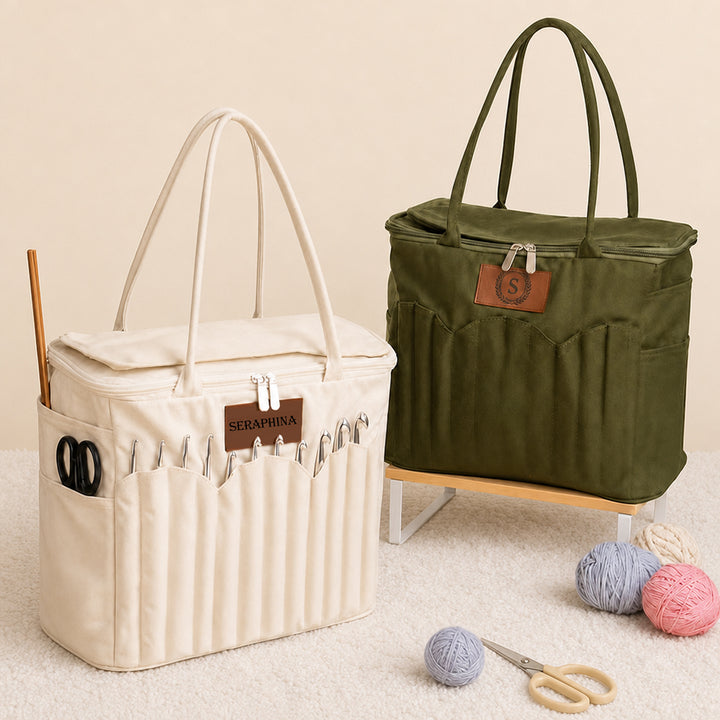 Personalized Canvas Knitting Project Bag Custom Initial Yarn Organizer Tote with Needle Holder Large Crochet Storage Bag Gift for Craft Lovers