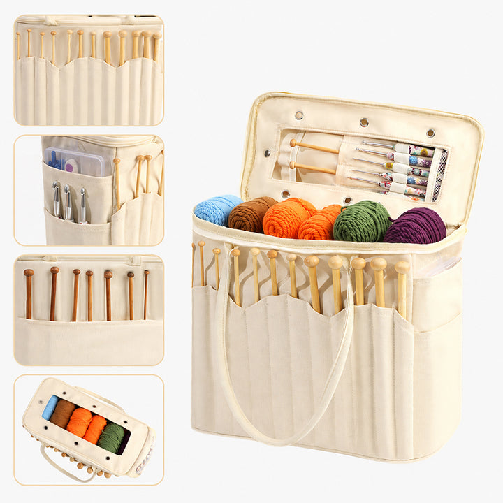 Personalized Canvas Knitting Project Bag Custom Initial Yarn Organizer Tote with Needle Holder Large Crochet Storage Bag Gift for Craft Lovers