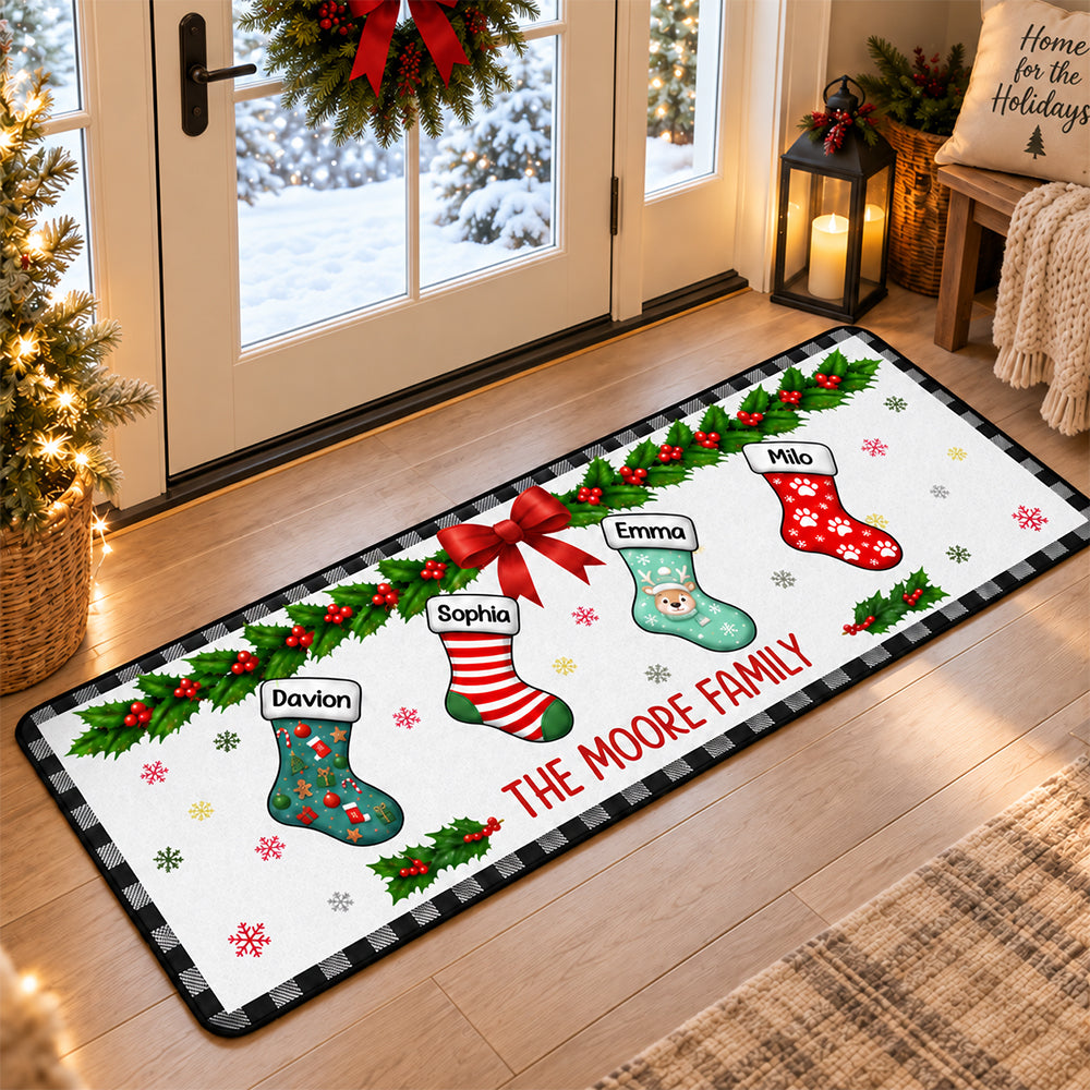 Personalized Christmas Family Stockings Runner Rug with Names Festive Hallway Carpet Holiday Home Decor Christmas Gift for Families