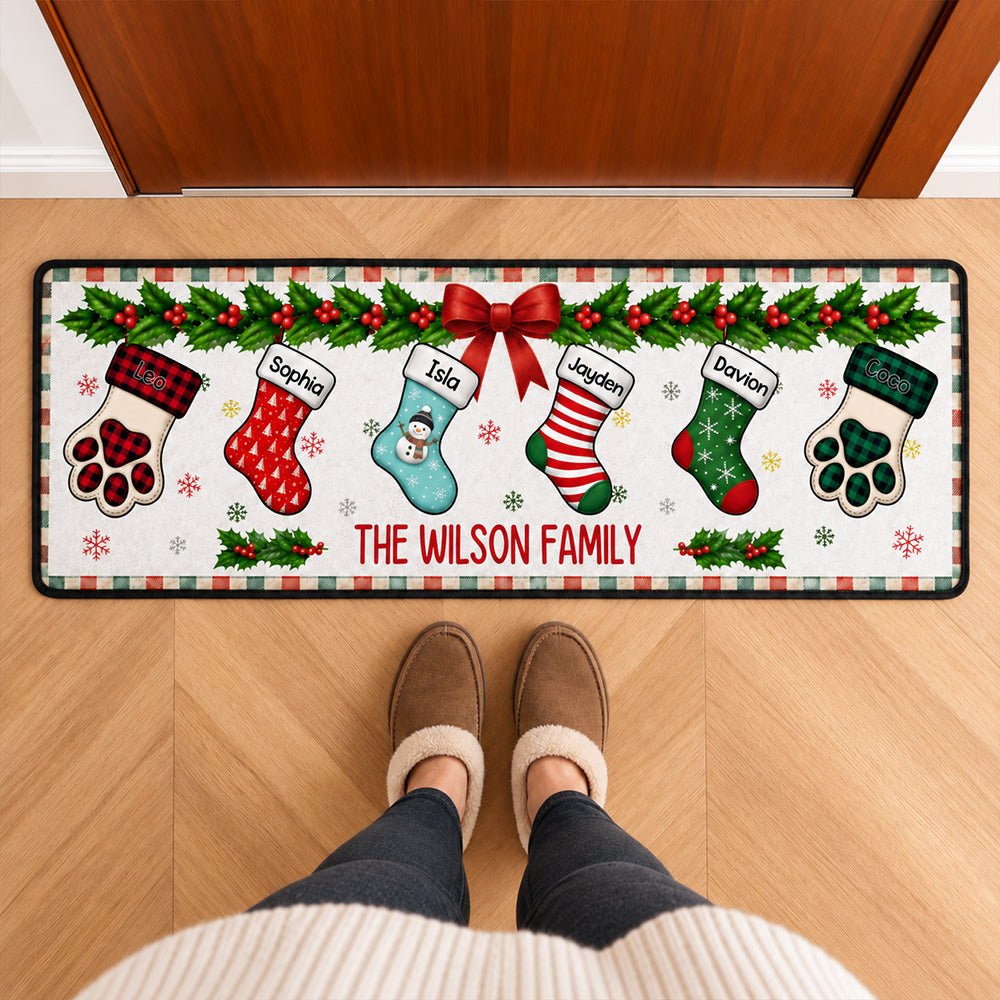 Personalized Christmas Family Stockings Runner Rug with Names Festive Hallway Carpet Holiday Home Decor Christmas Gift for Families