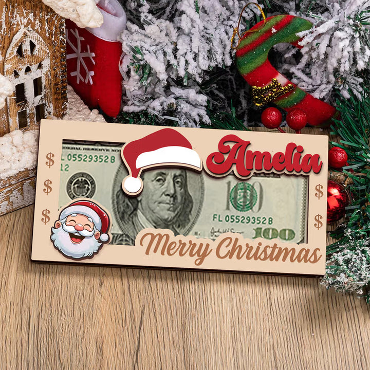 Personalized Christmas Hat Wooden Money Holder Custom Name Cash Gift Card Keepsake Unique Holiday Gift for Kids Family