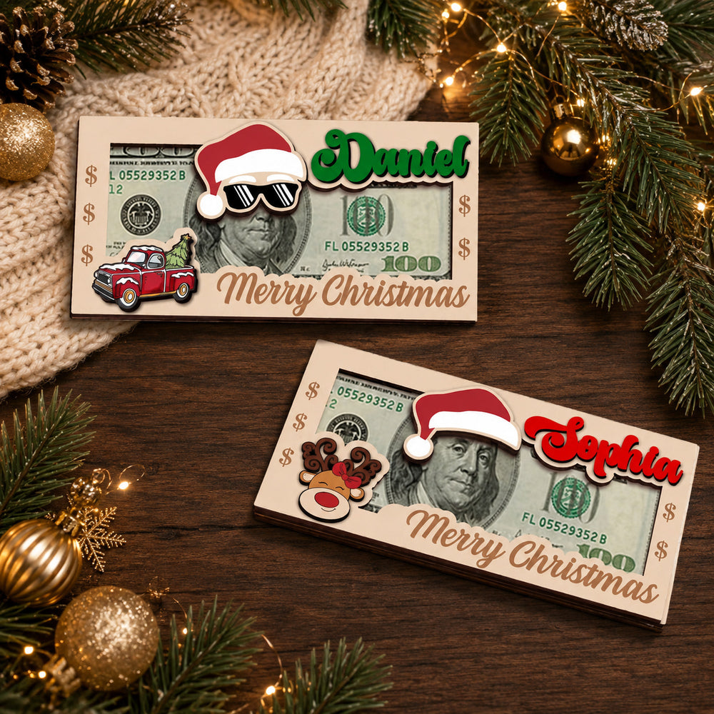 Personalized Christmas Hat Wooden Money Holder Custom Name Cash Gift Card Keepsake Unique Holiday Gift for Kids Family