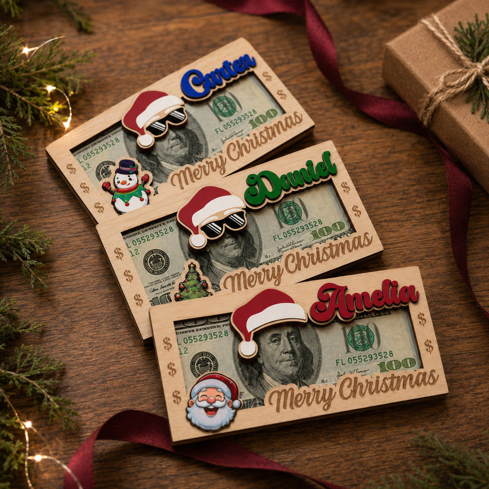Personalized Christmas Hat Wooden Money Holder Custom Name Cash Gift Card Keepsake Unique Holiday Gift for Kids Family