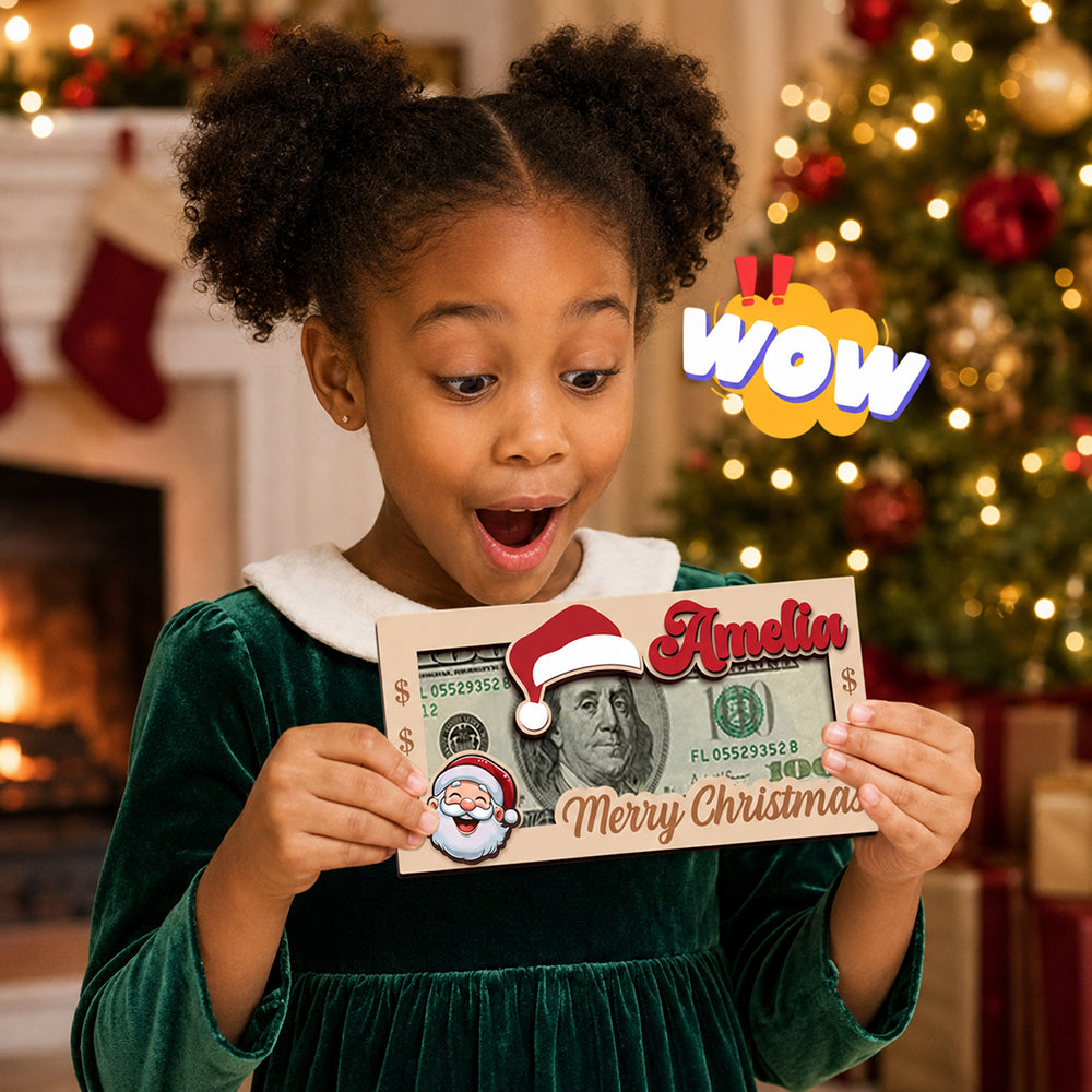 Personalized Christmas Hat Wooden Money Holder Custom Name Cash Gift Card Keepsake Unique Holiday Gift for Kids Family