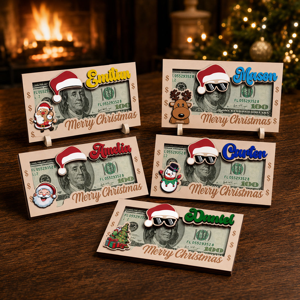 Personalized Christmas Hat Wooden Money Holder Custom Name Cash Gift Card Keepsake Unique Holiday Gift for Kids Family