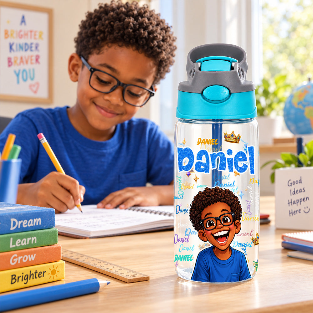 Personalized Comic Style Photo Word Cloud 16 oz Kids Water Bottle with Name Back to School Birthday Gift for Boys Girls