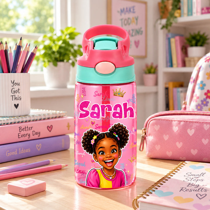 Personalized Comic Style Photo Word Cloud 16 oz Kids Water Bottle with Name Back to School Birthday Gift for Boys Girls