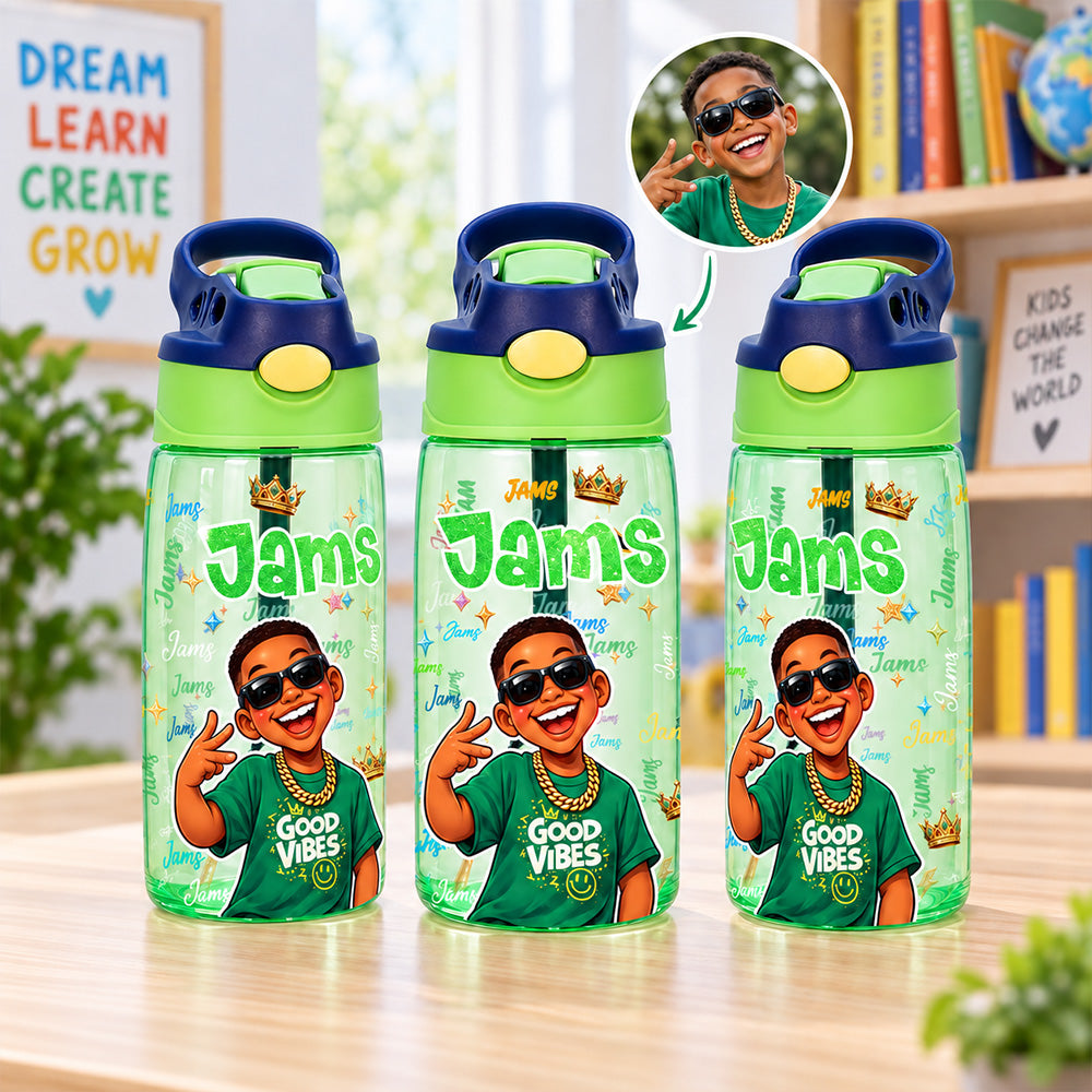 Personalized Comic Style Photo Word Cloud 16 oz Kids Water Bottle with Name Back to School Birthday Gift for Boys Girls