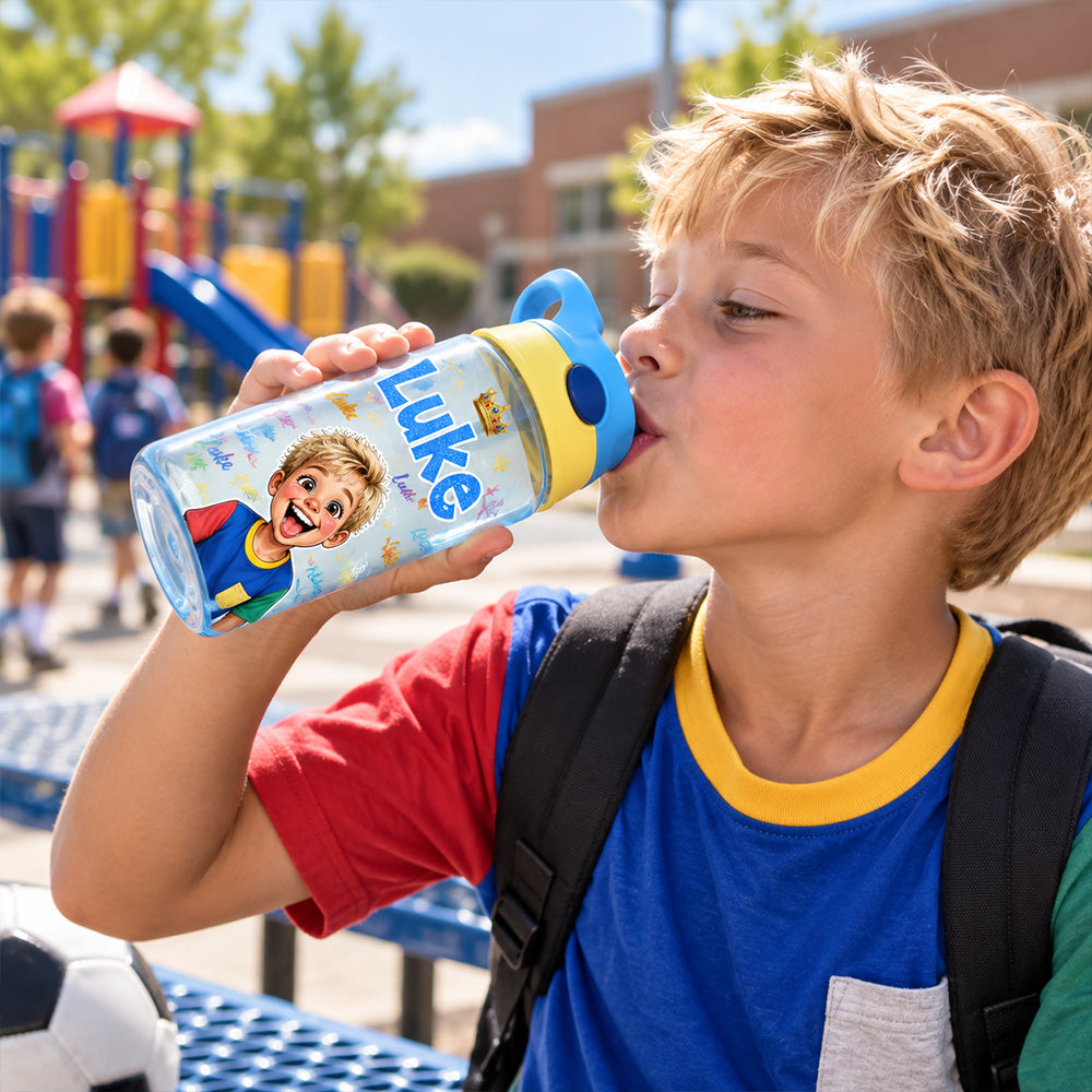 Personalized Comic Style Photo Word Cloud 16 oz Kids Water Bottle with Name Back to School Birthday Gift for Boys Girls
