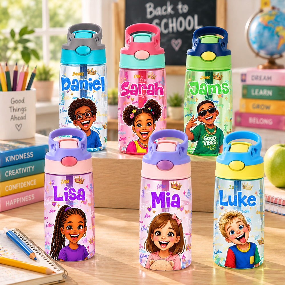 Personalized Comic Style Photo Word Cloud 16 oz Kids Water Bottle with Name Back to School Birthday Gift for Boys Girls