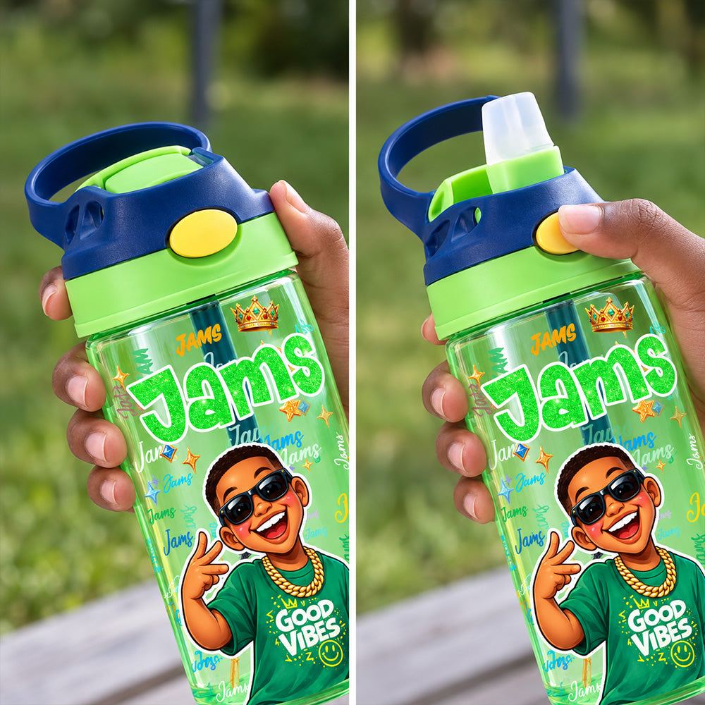 Personalized Comic Style Photo Word Cloud 16 oz Kids Water Bottle with Name Back to School Birthday Gift for Boys Girls
