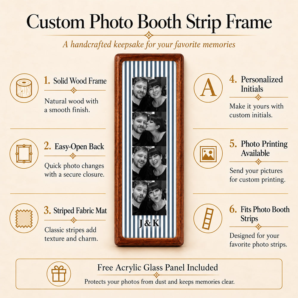 Personalized Couple Photo Strip Frame Custom Photo Booth Picture Frame with Striped Fabric Anniversary Wedding Keepsake Home Decor Gift for Couples