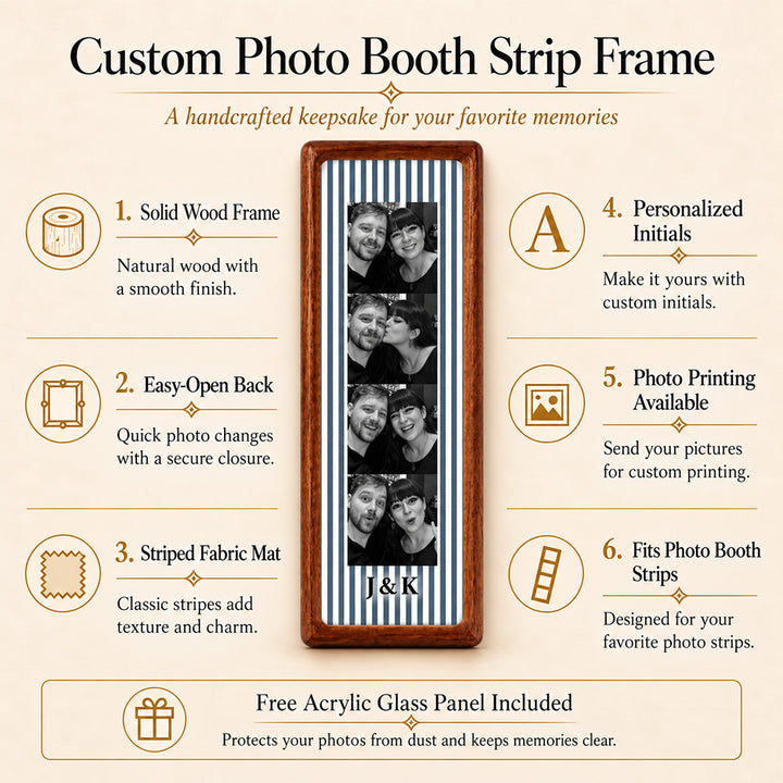 Personalized Couple Photo Strip Frame Custom Photo Booth Picture Frame with Striped Fabric Anniversary Wedding Keepsake Home Decor Gift for Couples
