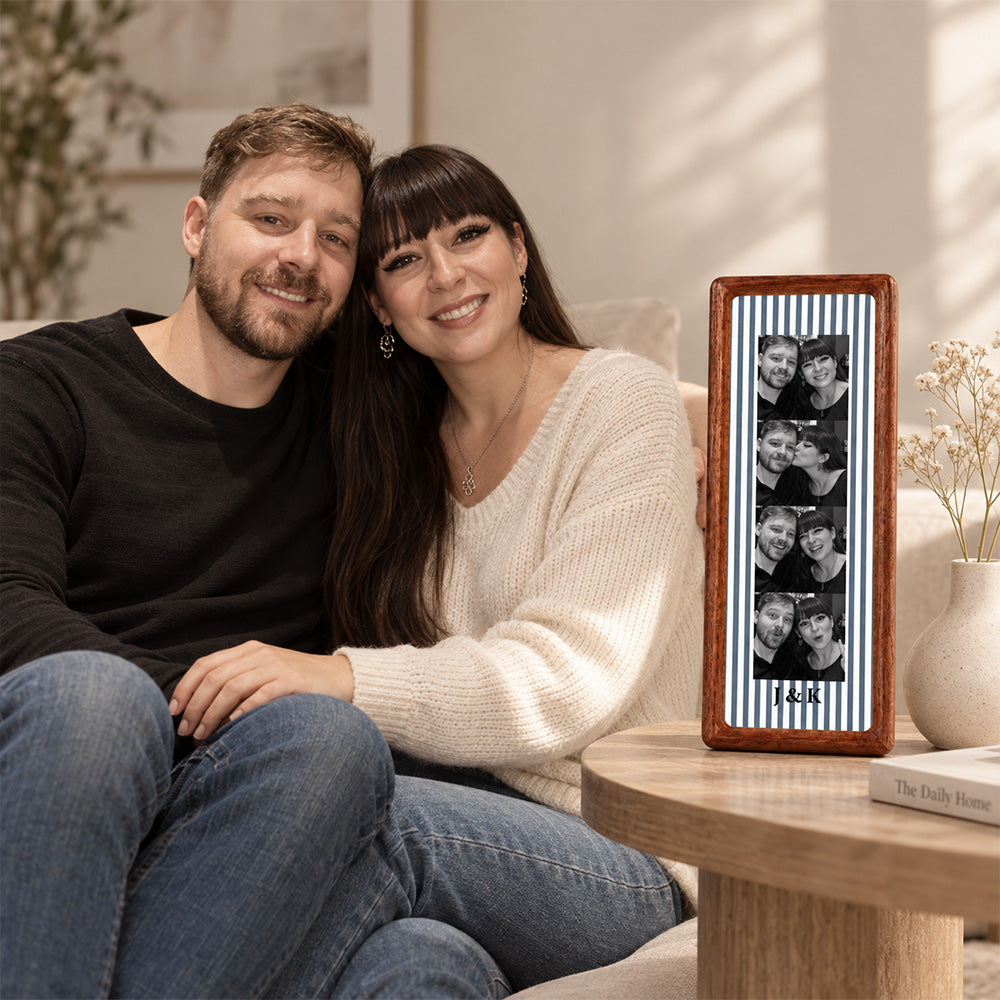 Personalized Couple Photo Strip Frame Custom Photo Booth Picture Frame with Striped Fabric Anniversary Wedding Keepsake Home Decor Gift for Couples