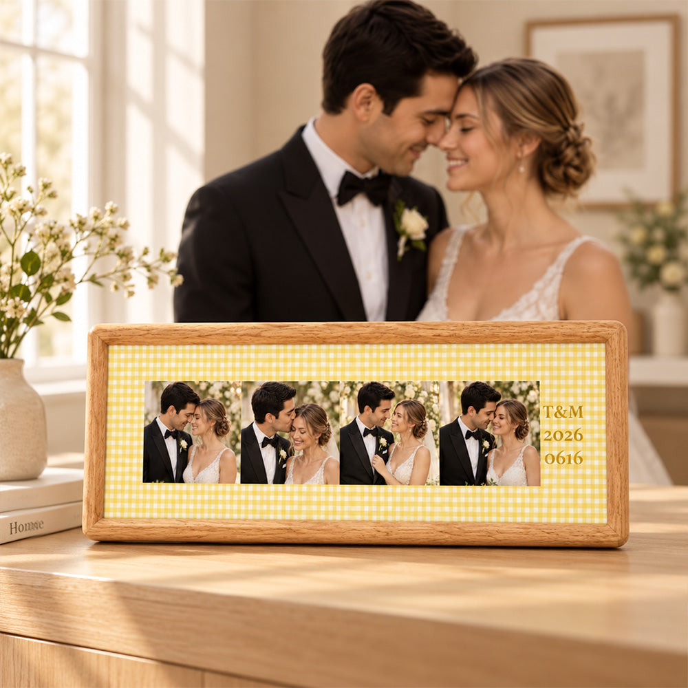 Personalized Couple Photo Strip Frame Custom Photo Booth Picture Frame with Striped Fabric Anniversary Wedding Keepsake Home Decor Gift for Couples
