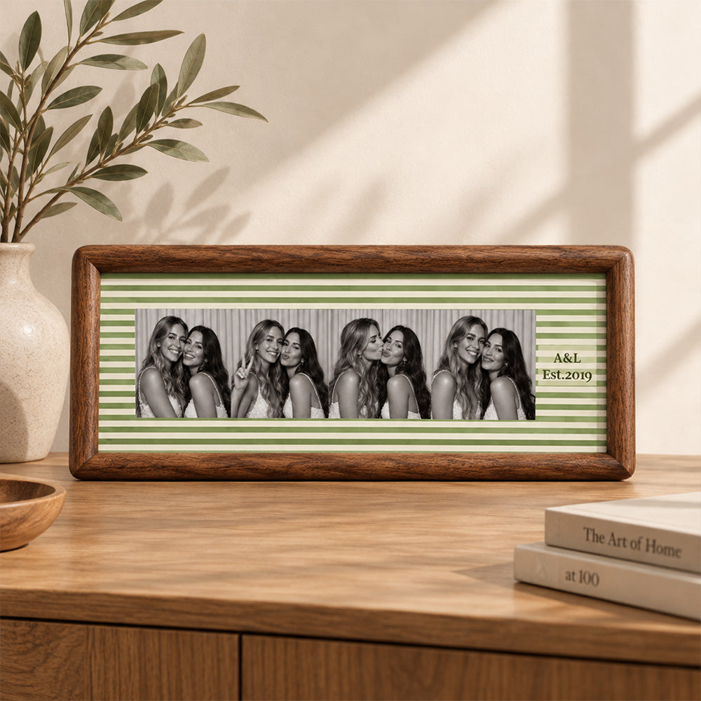 Personalized Couple Photo Strip Frame Custom Photo Booth Picture Frame with Striped Fabric Anniversary Wedding Keepsake Home Decor Gift for Couples