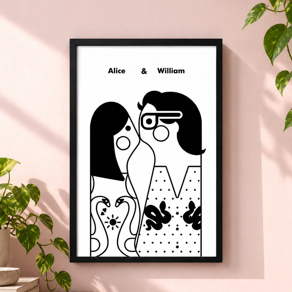 Personalized Couple Portrait from Photo with Names Custom Digital Wall Art Anniversary Wedding Gift for Couples