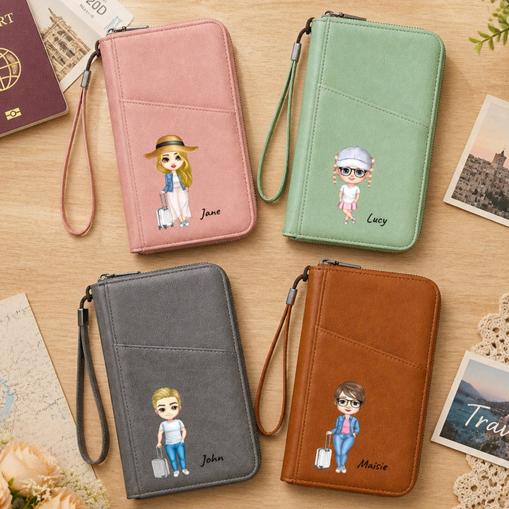 Personalized Custom Travel Character Clipart Passport Wallet Custom Name PU Leather Passport Holder With Wrist Strap Gift For Travelers