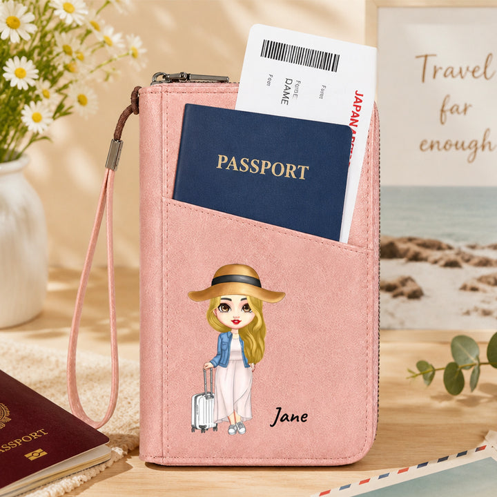 Personalized Custom Travel Character Clipart Passport Wallet Custom Name PU Leather Passport Holder With Wrist Strap Gift For Travelers