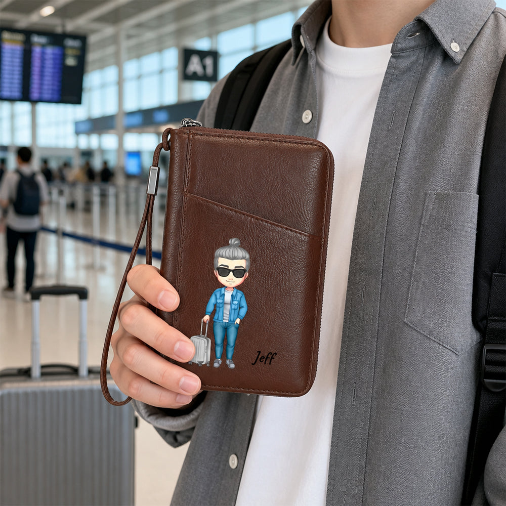 Personalized Custom Travel Character Clipart Passport Wallet Custom Name PU Leather Passport Holder With Wrist Strap Gift For Travelers