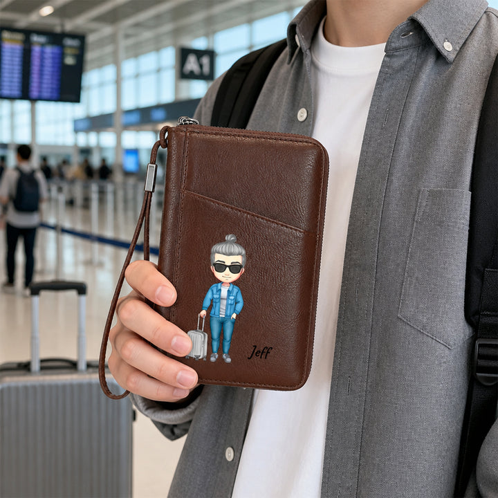 Personalized Custom Travel Character Clipart Passport Wallet Custom Name PU Leather Passport Holder With Wrist Strap Gift For Travelers
