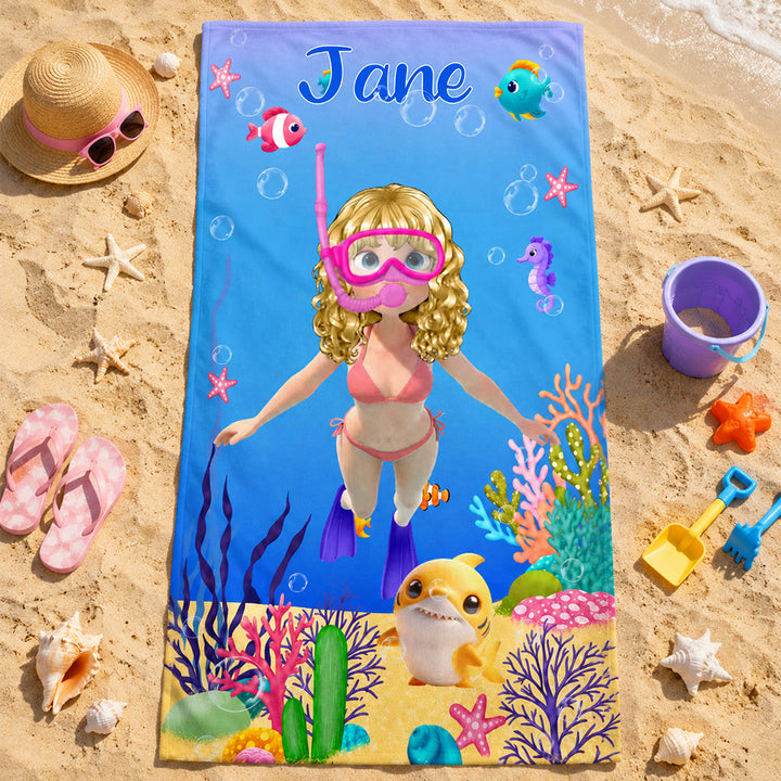 Personalized Cute 3D Diving Kid Sea Animal Quick Dry Soft Oversized Beach Towel with Name Summer Vacation Beach Party Birthday Gift for Boys Girls