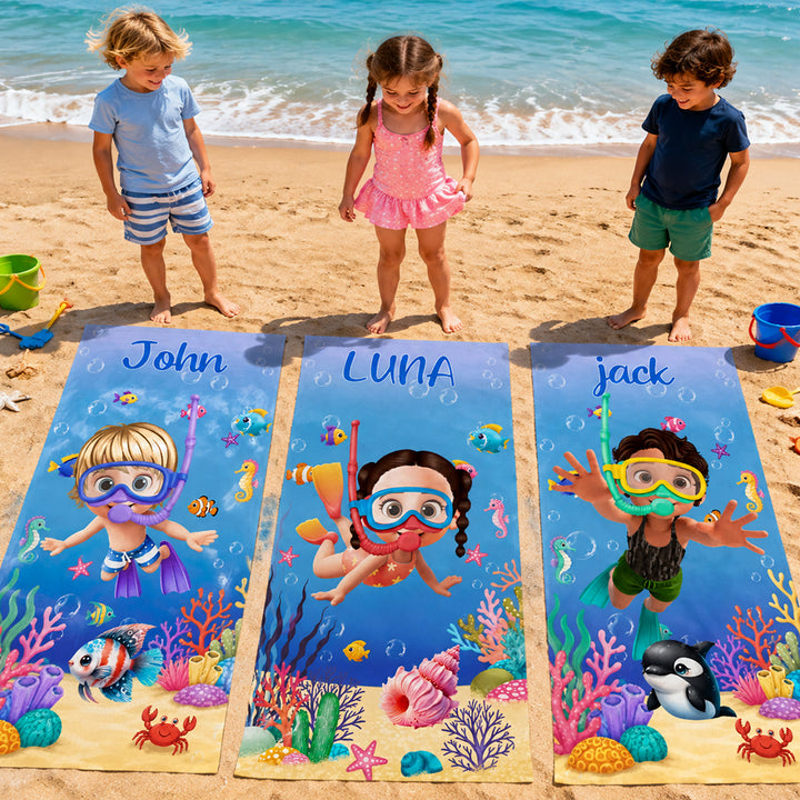 Personalized Cute 3D Diving Kid Sea Animal Quick Dry Soft Oversized Beach Towel with Name Summer Vacation Beach Party Birthday Gift for Boys Girls